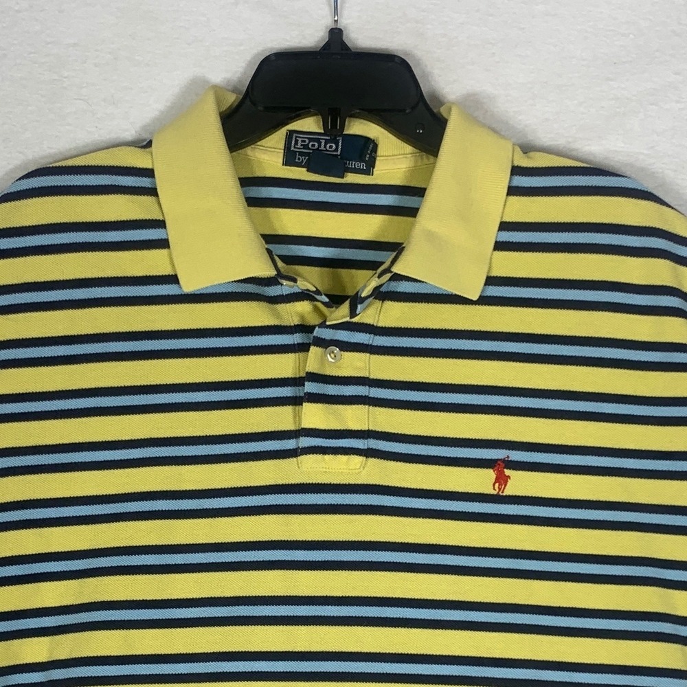 VTG Polo Ralph Lauren Men Yellow Blue Stripe Polo Shirt Large Logo Pony Made USA